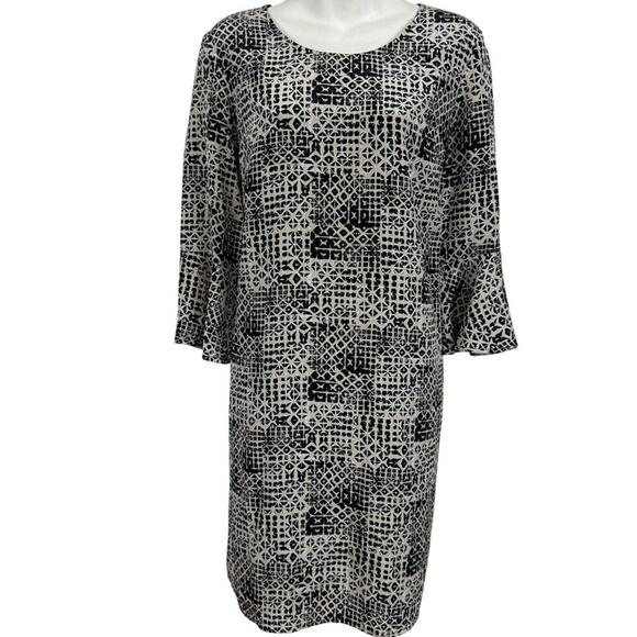 Garnet Hill 100% Silk Womens Bell Flare Sleeve Shift Beige Black Print Dress 8 - Picture 1 of 16
